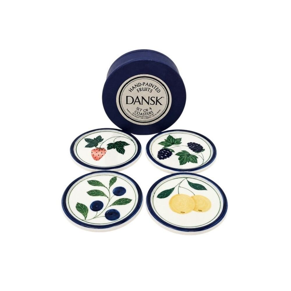 Vintage Dansk Berries Hand Painted Fruit Ceramic Coasters Set of 4 With Box